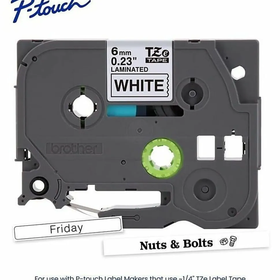 Brother P-touch TZe211 Laminated Label Tape, 1/4" x 26.2 ft (6mm x 8m), Black on White
