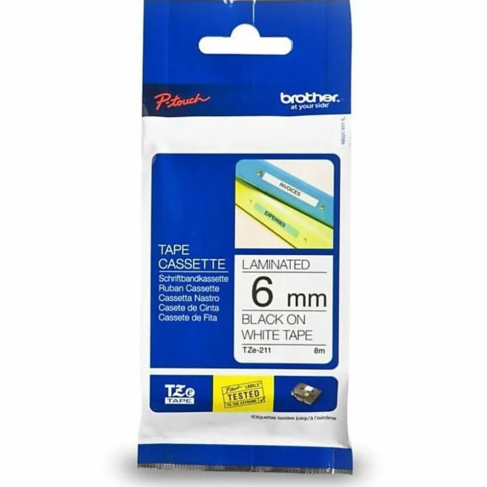 Brother P-touch TZe211 Laminated Label Tape, 1/4" x 26.2 ft (6mm x 8m), Black on White