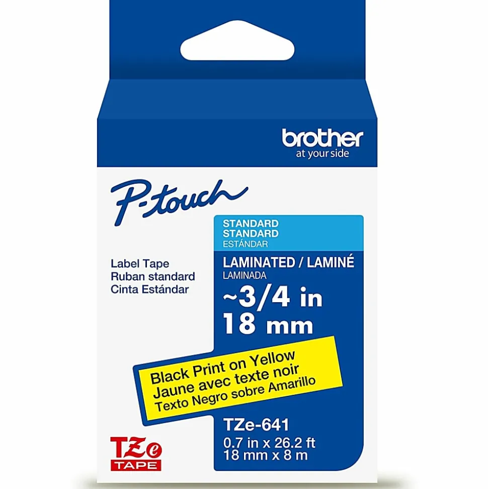 Brother P-touch TZe641, Laminated, ~3/4" x 26.2 ft (18mm x 8m), Black on Yellow Label Tape