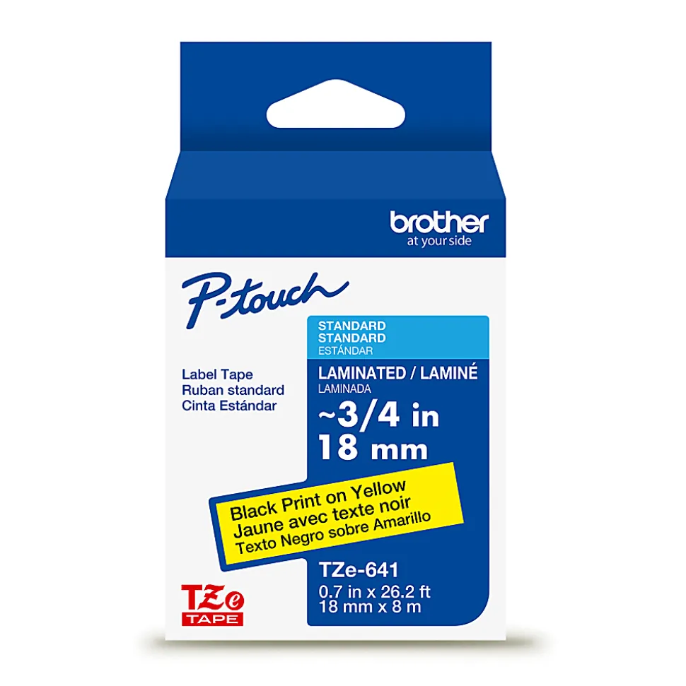 Brother P-touch TZe641, Laminated, ~3/4" x 26.2 ft (18mm x 8m), Black on Yellow Label Tape