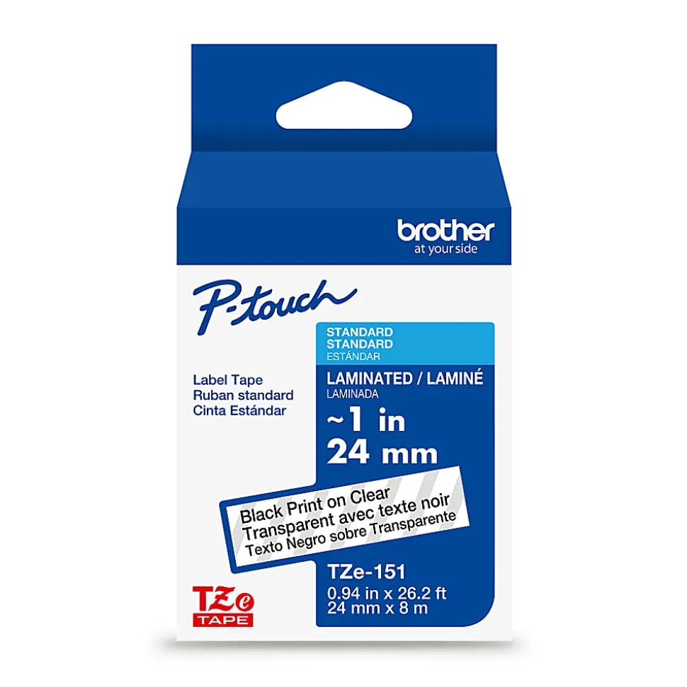 Brother P-touch TZe151, Laminated, 1" x 26.2 ft (24mm x 8m), Black on Clear Label Tape