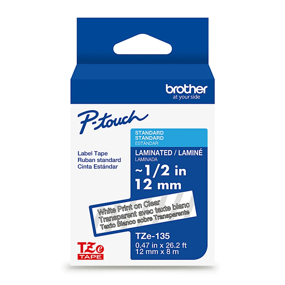 Brother P-touch TZe135, Laminated, 1/2" x 26.2 ft (12mm x 8m), White on Clear Label Tape