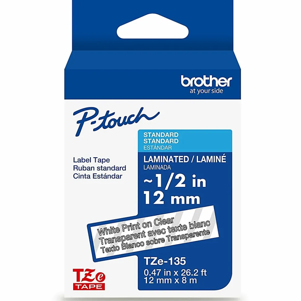Brother P-touch TZe135, Laminated, 1/2" x 26.2 ft (12mm x 8m), White on Clear Label Tape