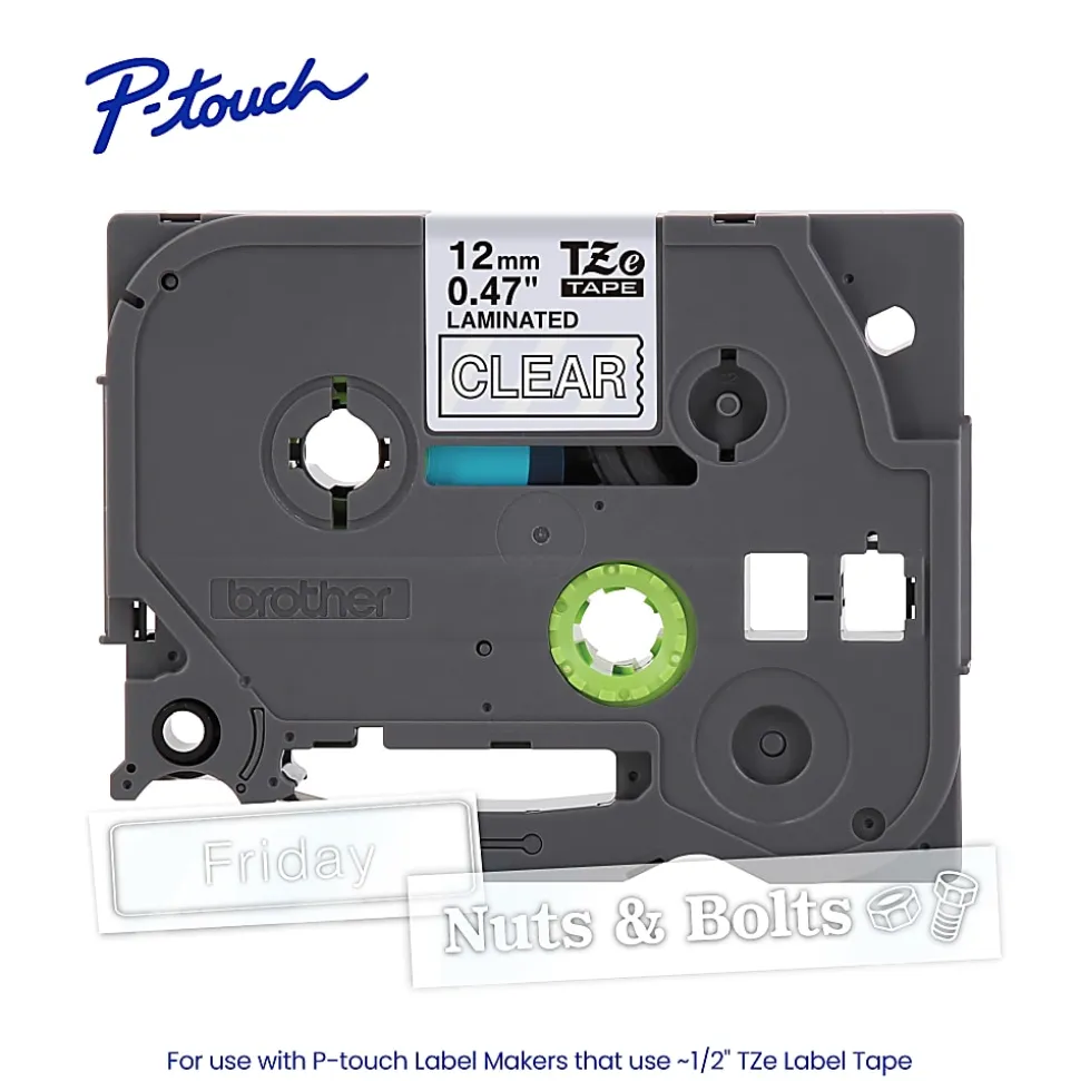 Brother P-touch TZe135, Laminated, 1/2" x 26.2 ft (12mm x 8m), White on Clear Label Tape