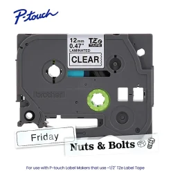 Brother P-touch TZe131, Laminated, ~1/2 in (12mm) x 26.2ft (8m), Black on Clear Label Tape