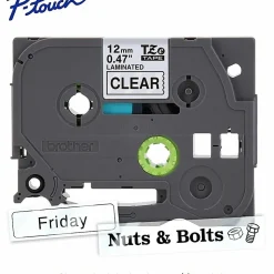 Brother P-touch TZe131, Laminated, ~1/2 in (12mm) x 26.2ft (8m), Black on Clear Label Tape