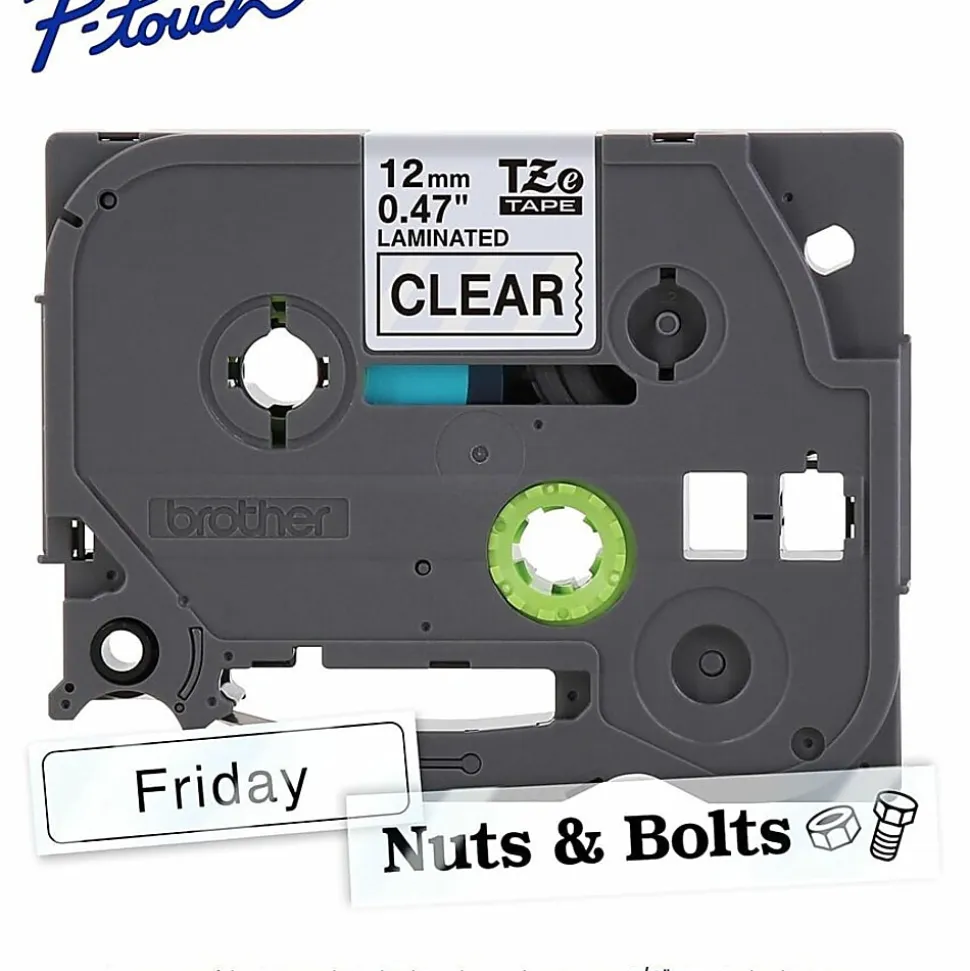 Brother P-touch TZe131, Laminated, ~1/2 in (12mm) x 26.2ft (8m), Black on Clear Label Tape
