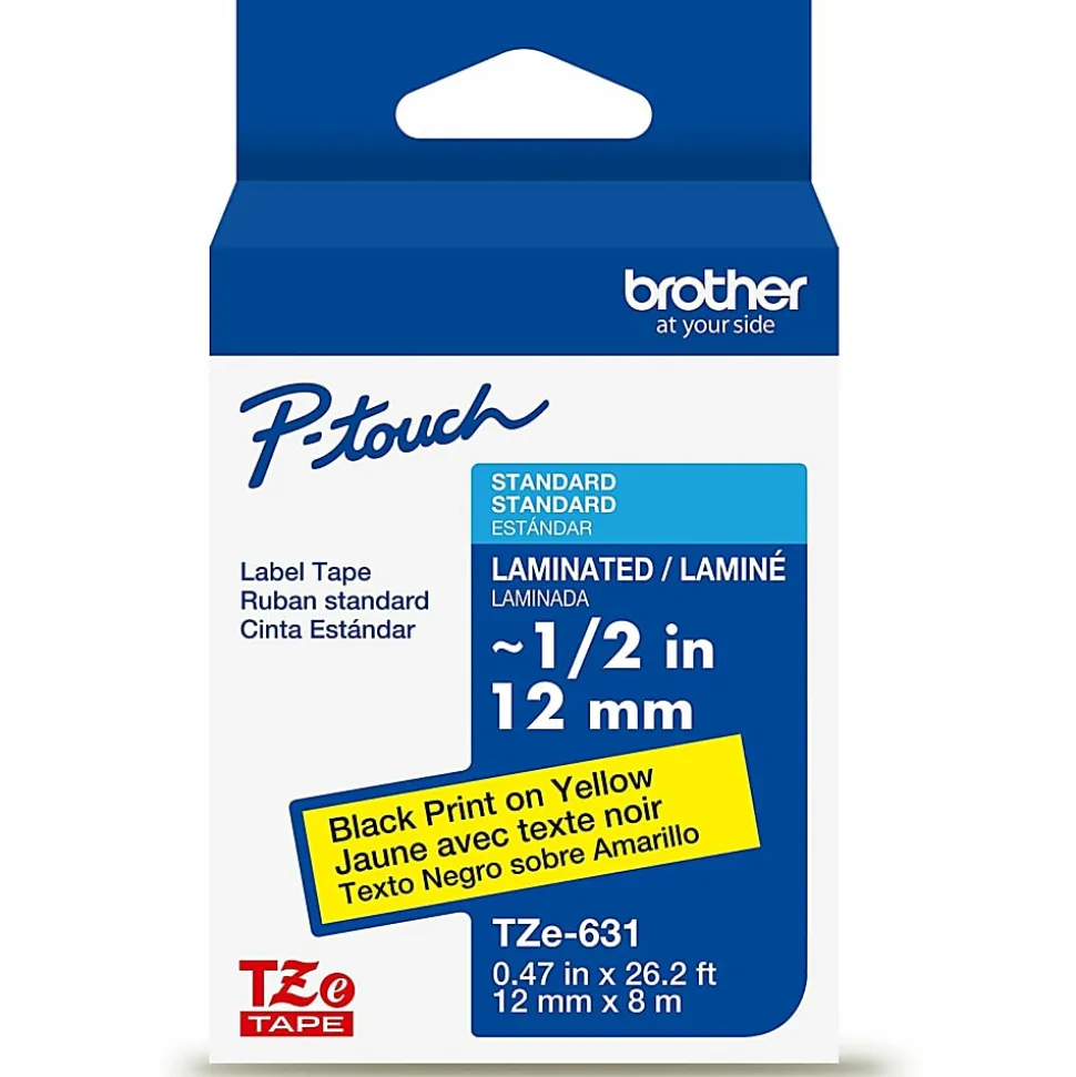 Brother P-touch TZe631, Laminated, 1/2" x 26.2 ft (12mm x 8m), Black on Yellow Label Tape