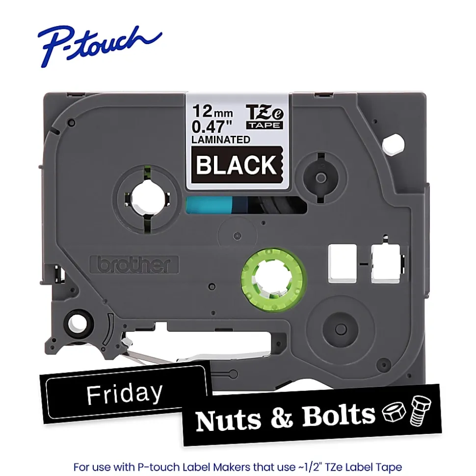 Brother P-touch TZe335, Laminated, 1/2" x 26.2 ft (12mm x 8m), White on Black Label Tape