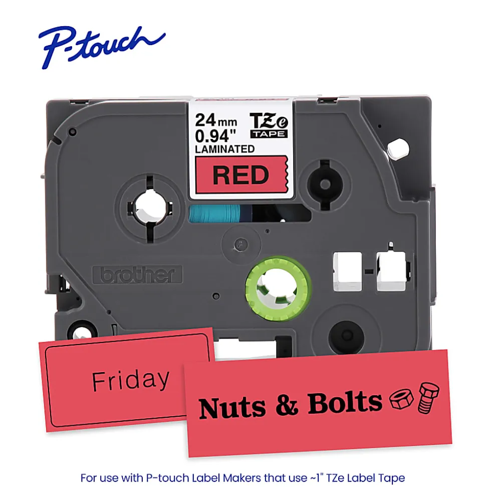 Brother P-touch TZe451, Laminated, ~1" x 26.2 ft (24mm x 8m), Black on Red Label Tape