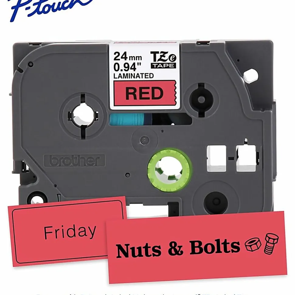Brother P-touch TZe451, Laminated, ~1" x 26.2 ft (24mm x 8m), Black on Red Label Tape