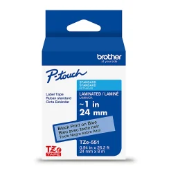 Brother P-Touch TZe551, Laminated, ~1in x 26.2ft (24mm x 8m), Black on Blue Label Tape