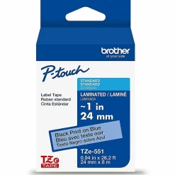 Brother P-Touch TZe551, Laminated, ~1in x 26.2ft (24mm x 8m), Black on Blue Label Tape