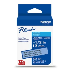 Brother P-Touch TZe531, Laminated, ~1/2in x 26.2ft (12mm x 8m), Black on Blue Label Tape