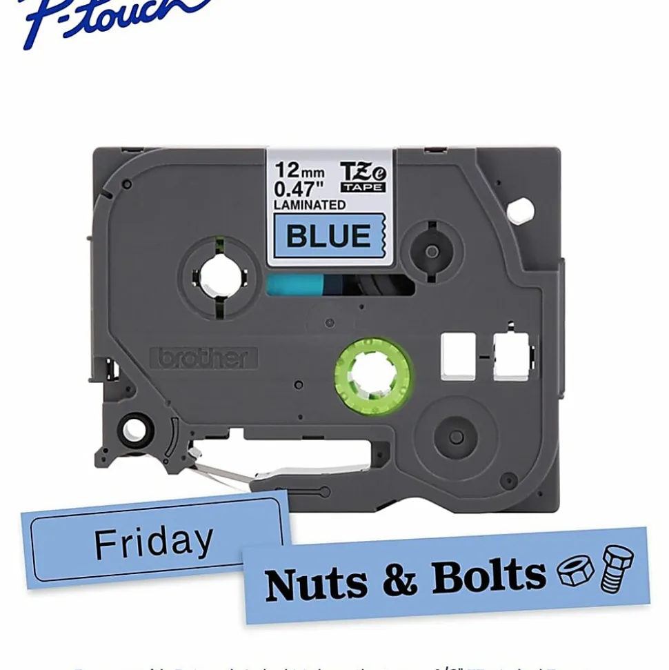 Brother P-Touch TZe531, Laminated, ~1/2in x 26.2ft (12mm x 8m), Black on Blue Label Tape