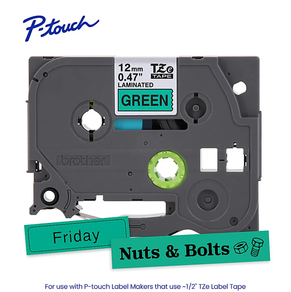 Brother P-Touch TZe731, Laminated, ~1/2in x 26.2ft (12mm x 8m), Black on Green Label Tape