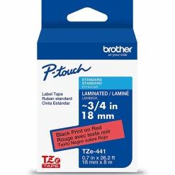 Brother P-Touch TZe441, Laminated, ~3/4in x 26.2ft (18mm x 8m), Black on Red Label Tape
