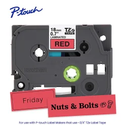 Brother P-Touch TZe441, Laminated, ~3/4in x 26.2ft (18mm x 8m), Black on Red Label Tape