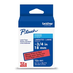 Brother P-Touch TZe441, Laminated, ~3/4in x 26.2ft (18mm x 8m), Black on Red Label Tape
