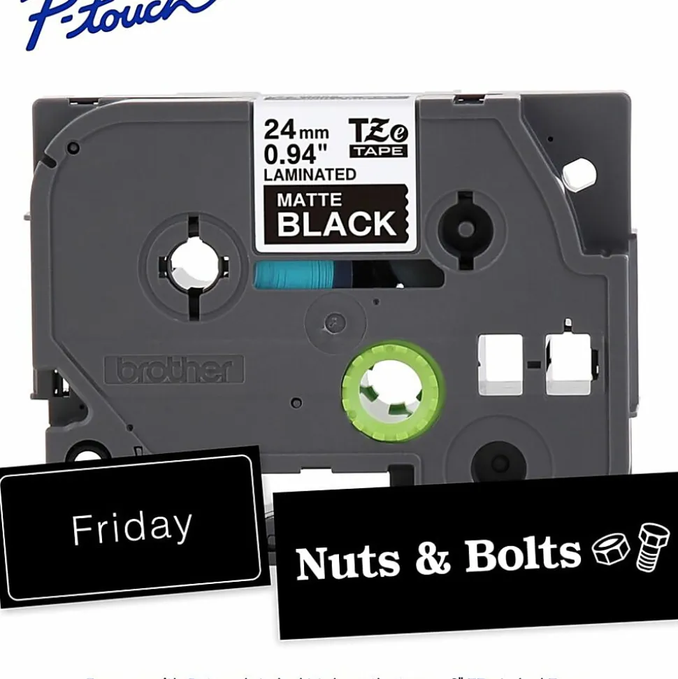 Brother P-touch TZeM355 Premium Matte Laminated Label Tape, 1" x 26.2 ft (24mm x 8m), White on Black