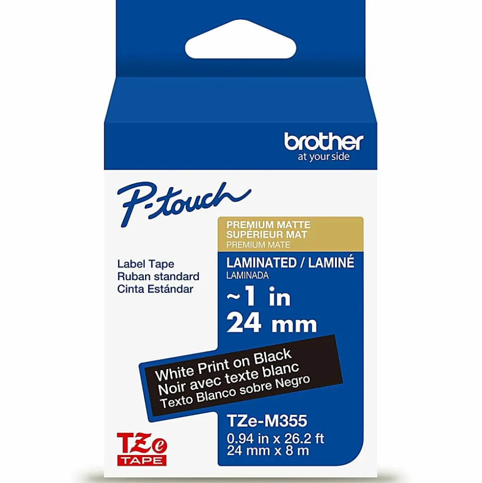 Brother P-touch TZeM355 Premium Matte Laminated Label Tape, 1" x 26.2 ft (24mm x 8m), White on Black