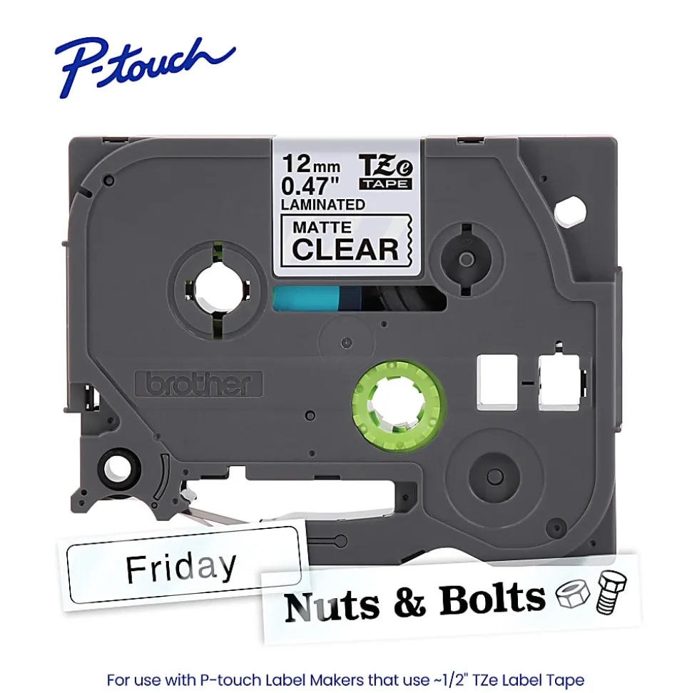 Brother P-touch TZeM31, Premium Matte Laminated, ~1/2in x 26.2ft (12mmx 8m), Black on Clear Label Tape