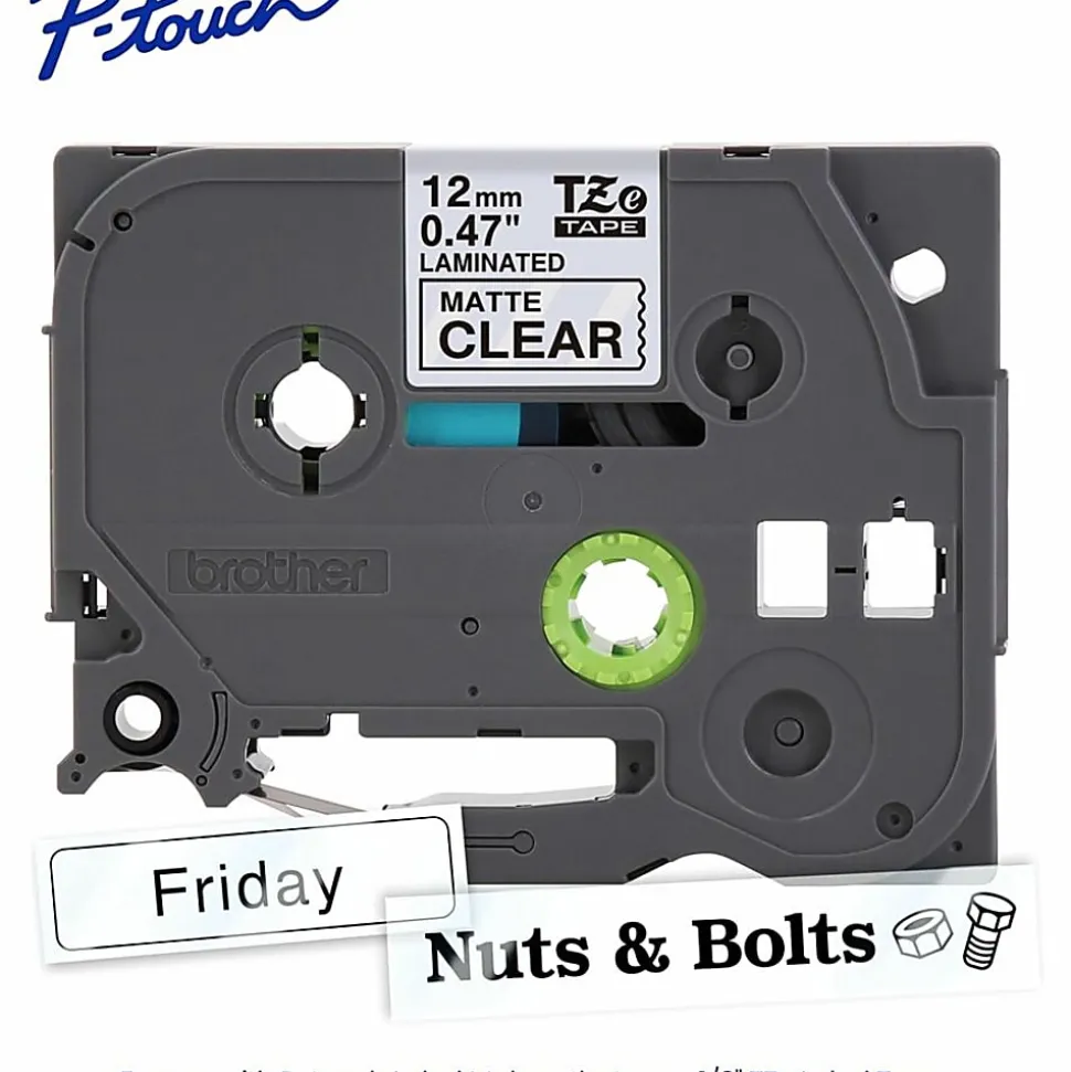 Brother P-touch TZeM31, Premium Matte Laminated, ~1/2in x 26.2ft (12mmx 8m), Black on Clear Label Tape