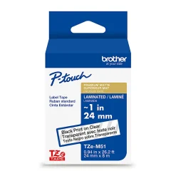 Brother P-touch TZeM51, Premium Matte Laminated, ~1in x 26.2ft (24mm x 8m), Black on Clear Label Tape