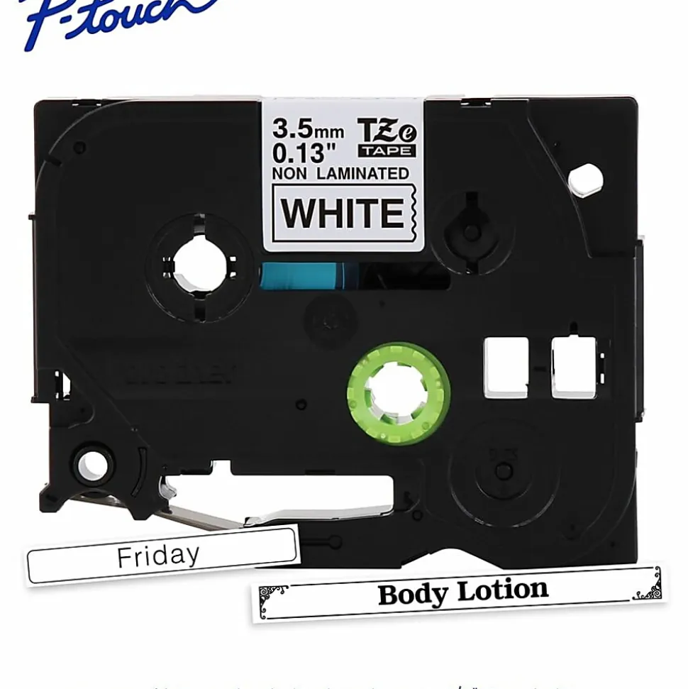 Brother P-touch TZeN201, Narrow Non-Laminated, ~1/8" x 26.2 ft (3.5mm x 8m), Black on White Label Tape