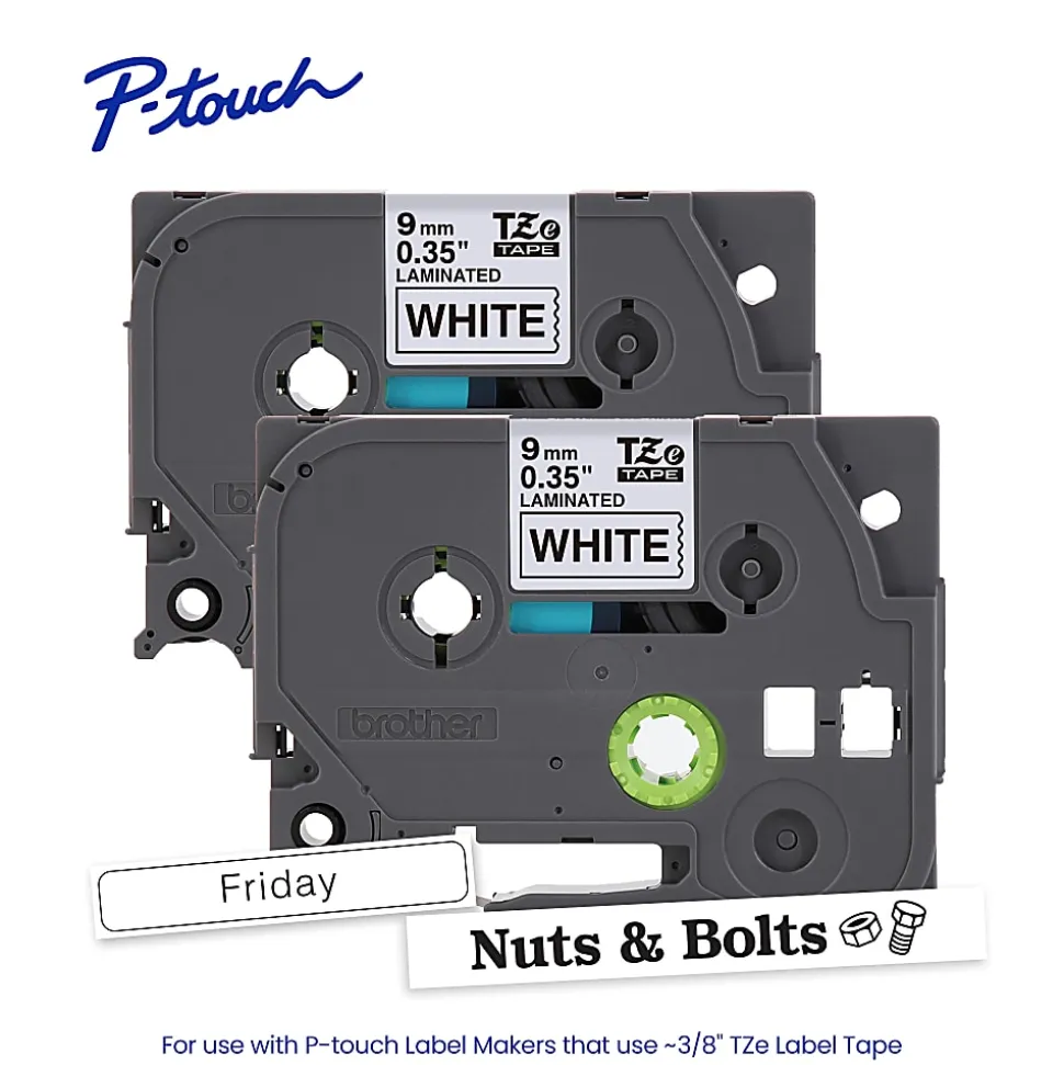 Brother P-touch TZe2212PK Laminated, 3/8" x 26.2 ft (9mm x 8m), Black on White Label Tape, 2 pack