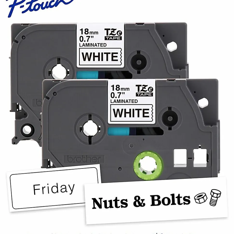 Brother P-touch TZe2412PK, Laminated, ~0.7 in x 26.2 ft (18mm x 8m), Black on White Label Tape, 2 pack