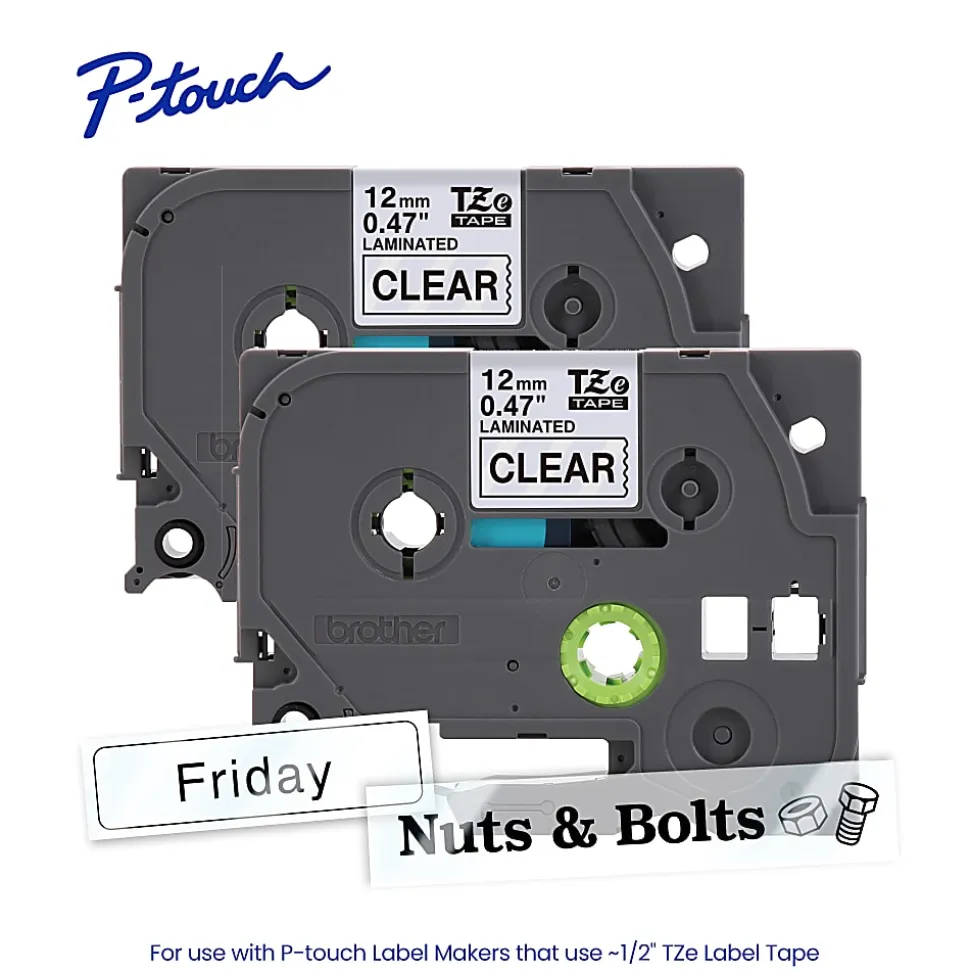 Brother P-touch TZe1312PK, Laminated, 1/2" x 26.2 ft (12mm x 8m), Black on Clear Label Tape, 2 pack