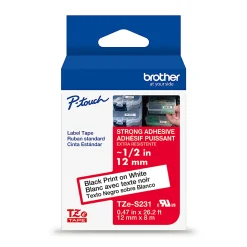 Brother P-touch TZeS231, Strong Adhesive, Laminated, 0.47 in x 26.2 ft (12mm x 8m), Black on White Label Tape