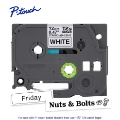 Brother P-touch TZeS231, Strong Adhesive, Laminated, 0.47 in x 26.2 ft (12mm x 8m), Black on White Label Tape