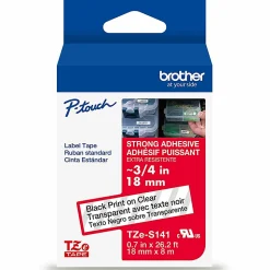 Brother P-Touch TZeS141, Strong Adhesive Laminated, ~3/4in x 26.2ft (18mm x 8m), Black on Clear Label Tape