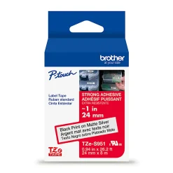 Brother P-Touch TzeS951, Strong Adhesive Laminated, ~1in x 26.2ft (24mm x 8m), Black on Matte Silver Label Tape
