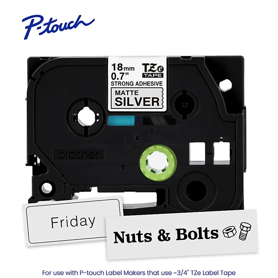 Brother P-Touch TzeS941, Strong Adhesive Laminated, ~3/4in x 26.2ft (18mm x 8m), Black on Matte Silver Label Tape