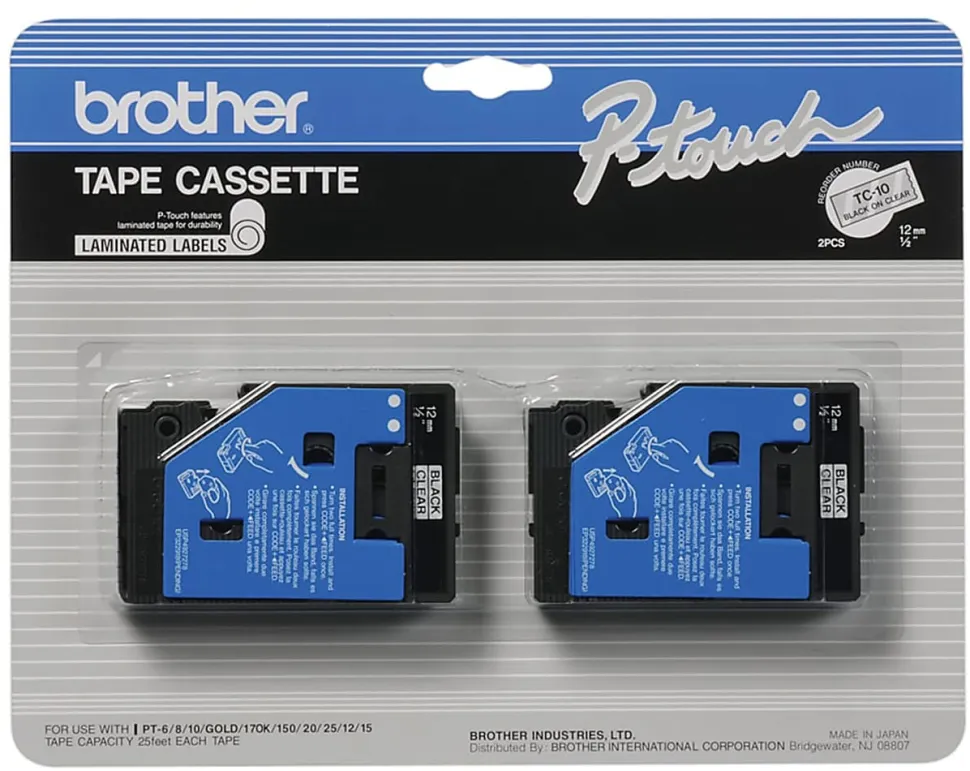 Brother TC-10 Black-On-Clear Tapes, 0.5" x 25', Pack Of 2