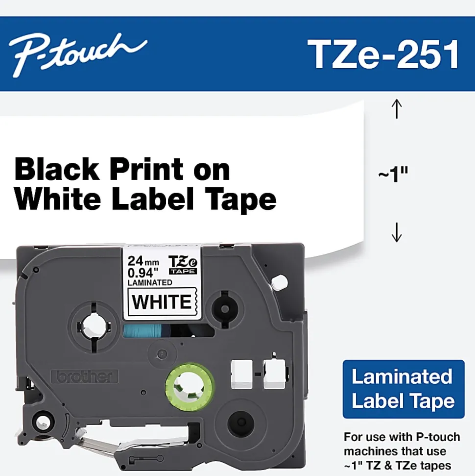 Brother TZe-251 Black-On-White Tape, 1" x 26.2'