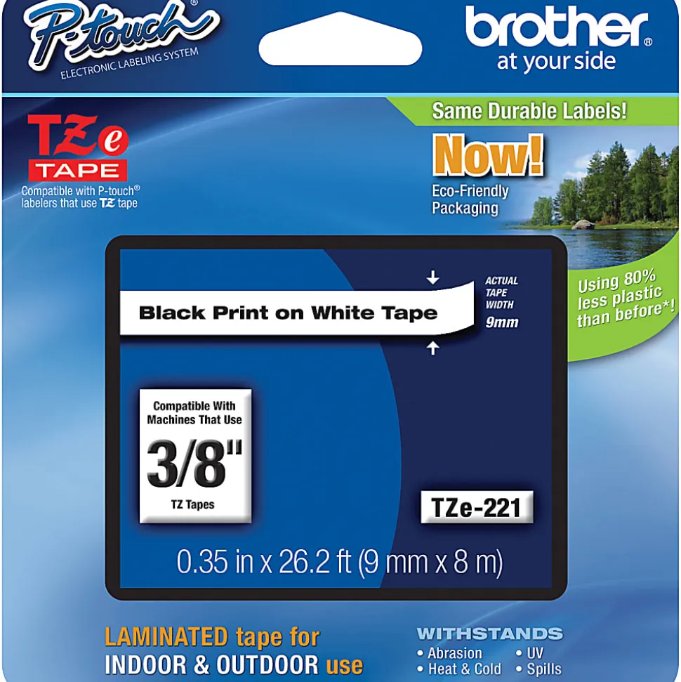 Brother TZe-221 Black-On-White Tape, 0.38" x 26.2'
