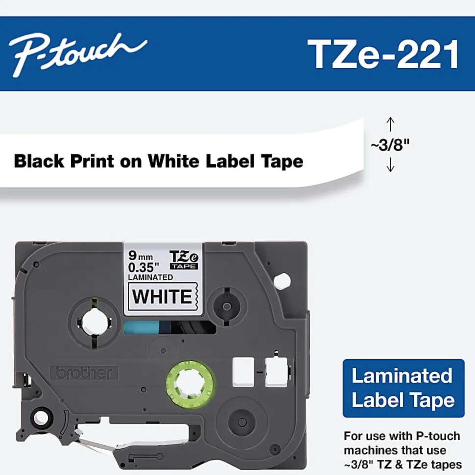 Brother TZe-221 Black-On-White Tape, 0.38" x 26.2'
