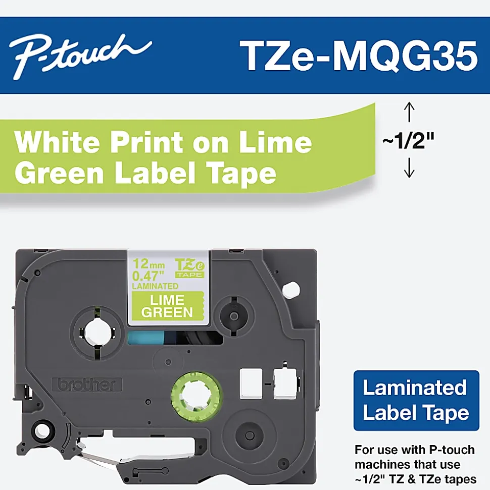 Brother TZe-MQG35 White-On-Lime Green Tape, 0.5" x 196.8"