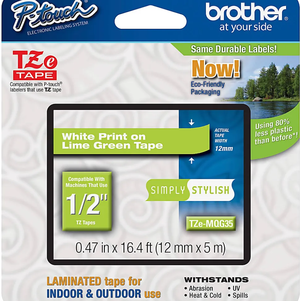 Brother TZe-MQG35 White-On-Lime Green Tape, 0.5" x 196.8"