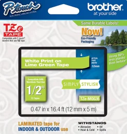 Brother TZe-MQG35 White-On-Lime Green Tape, 0.5