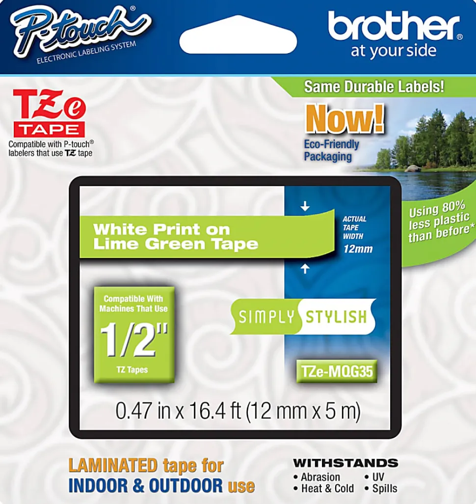 Brother TZe-MQG35 White-On-Lime Green Tape, 0.5" x 196.8"