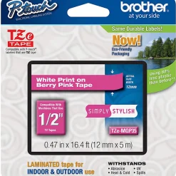 Brother TZe-MQP35 White-On-Berry Pink Tape, 0.5" x 196.8"