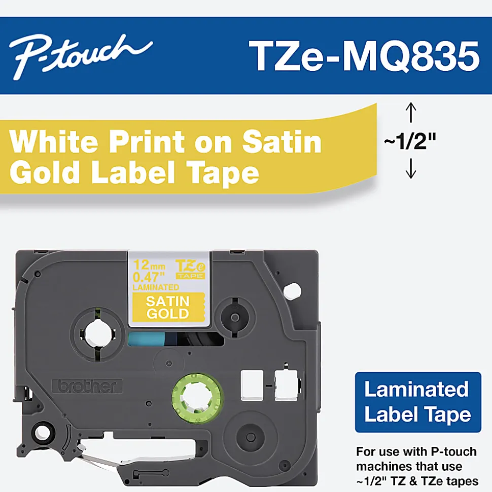 Brother TZe-MQ835 White-On-Satin Gold Tape, 0.5" x 196.8"