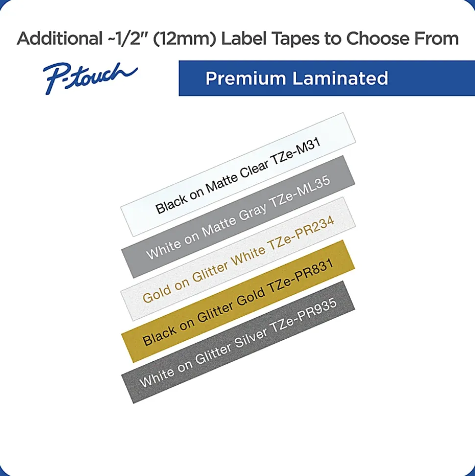 Brother TZe-MQ835 White-On-Satin Gold Tape, 0.5" x 196.8"