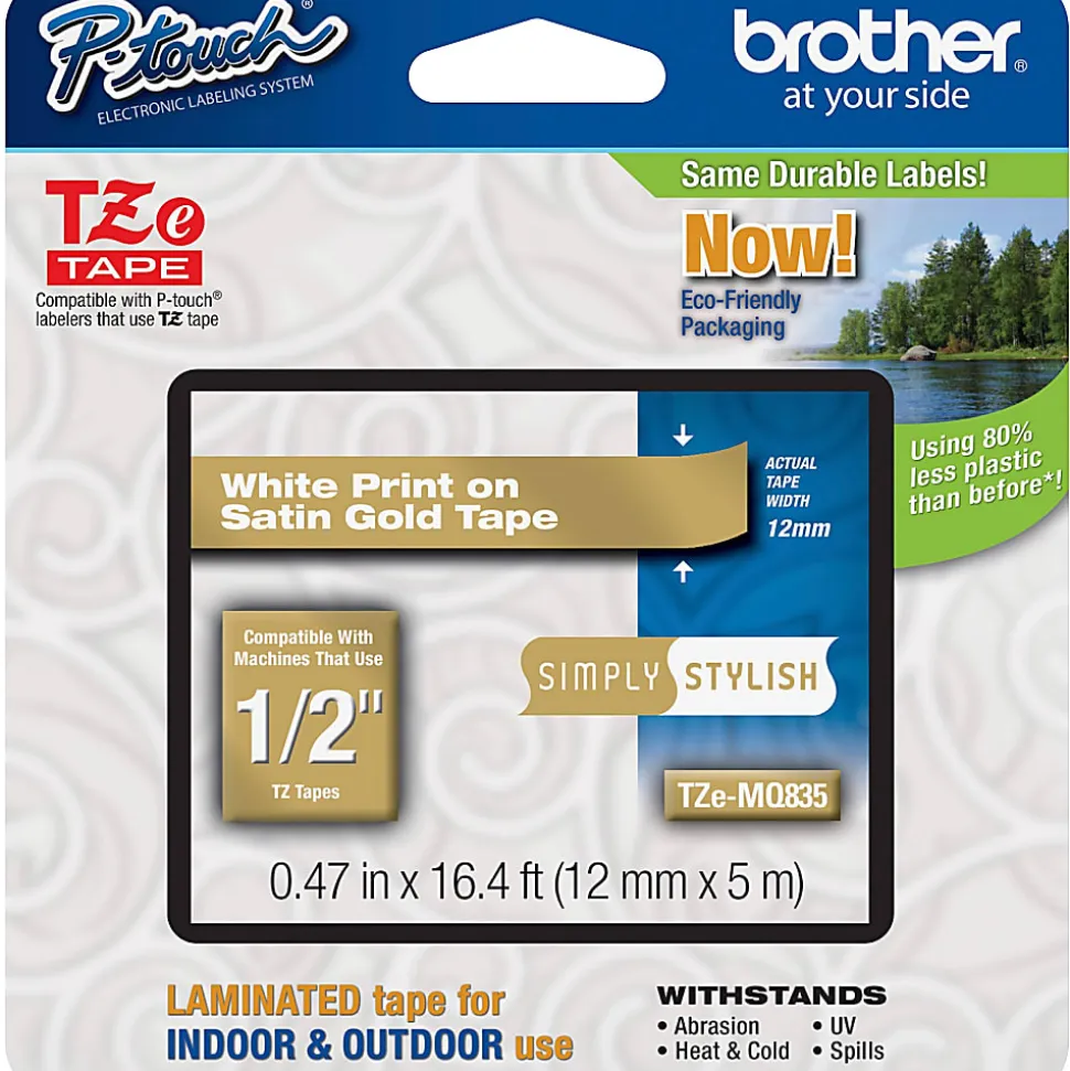 Brother TZe-MQ835 White-On-Satin Gold Tape, 0.5" x 196.8"