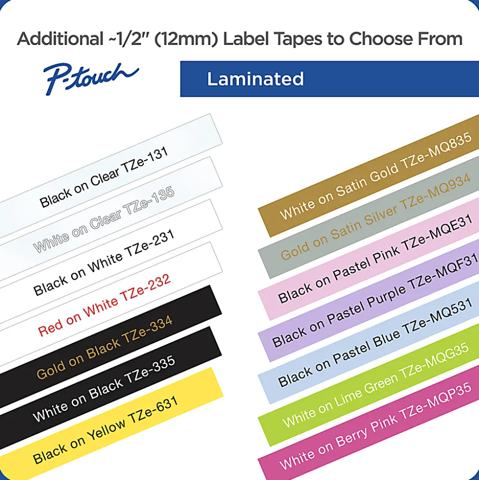 Brother TZe-MQ835 White-On-Satin Gold Tape, 0.5" x 196.8"